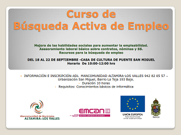 La Mancomunidad Altamira-Los Valles, en colaboración con el Ayuntamiento de Reocín, impartirá un curso sobre búsqueda activa de empleo